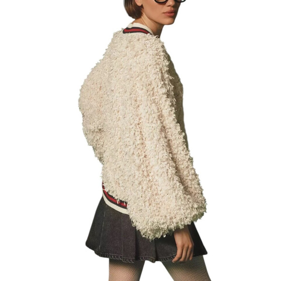 ANTHROPOLOGIE EVA FRANCO Plus Size 1X Varsity Pullover Shaggy Sweatshirt Top NWT - Picture 6 of 13